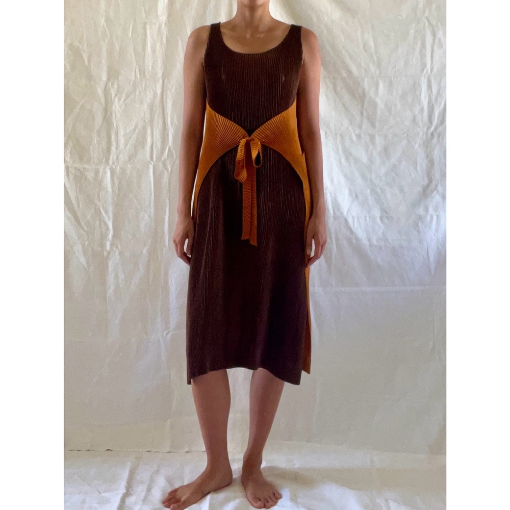 Issey Miyake Apron Brown and Orange Sleeveless Dress